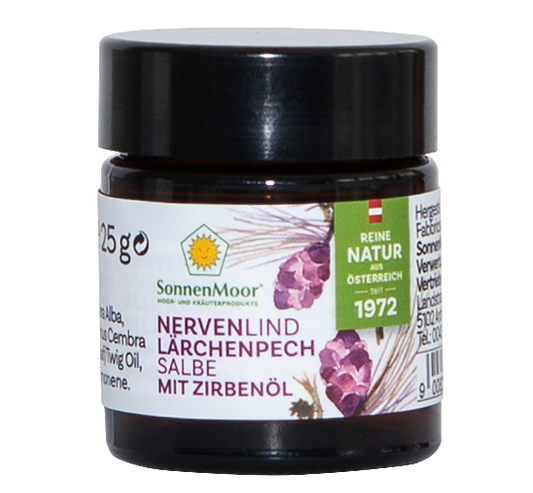 Dose SonnenMoor Lärchenpechsalbe – 50 ml in einer praktischen Dose, die die natürliche Pflege mit Lärchenpech zur Unterstützung der Hautregeneration und Linderung von Hautirritationen zeigt.
