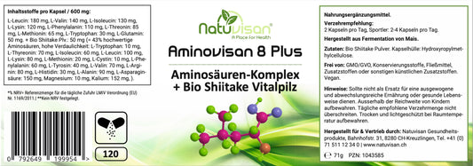 AMINOVISAN 8 Plus - Hydrolysat - Essentielle Aminosäuren - vegan- 120 Kapseln