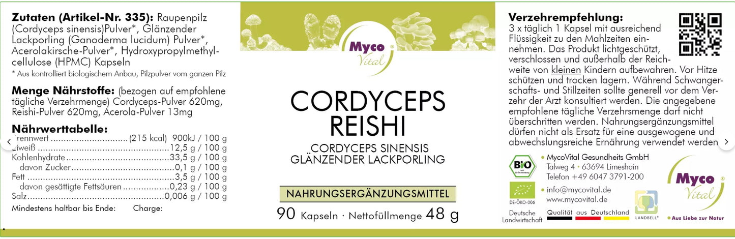 MycoVital BIO Vitalpilz CORDYCEPS-REISHI Bio- Pilzpulver 533 mg- 90 Kapseln