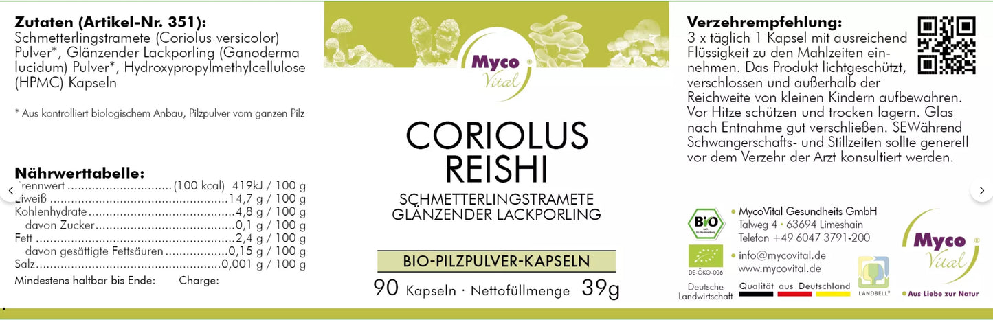 MycoVital BIO Vitalpilz CORIOLUS-REISHI Bio- Pilzpulver 433 mg- 90 Kapseln