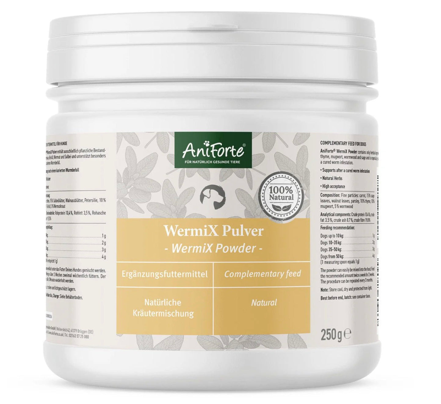 Wurmkur von AniForte WermiX Pulver unterstützt effektiv die Prävention oder Unterstützung nach kuriertem Wurmbefall mit rein natürlichen Kräutern