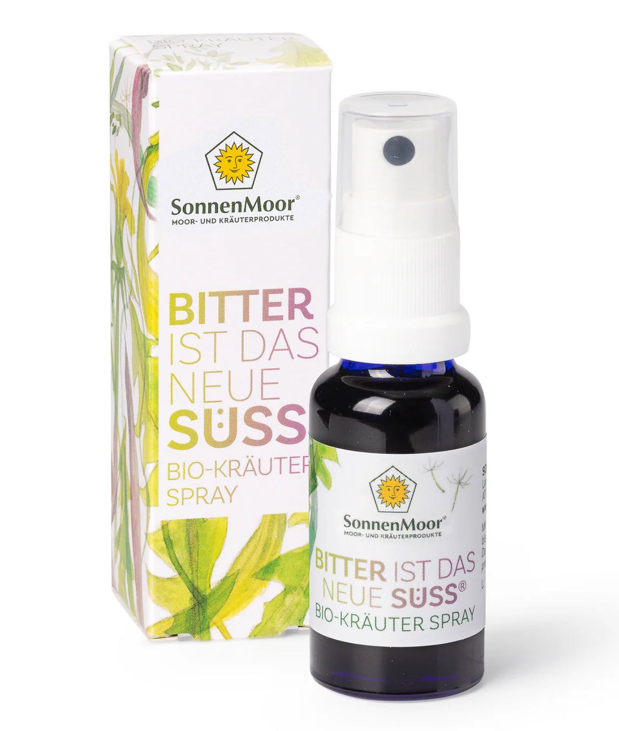Flasche SonnenMoor Bio Bitter Spray auf einem natürlichen Hintergrund – das Spray enthält ausgewählte Kräuter und Bitterstoffe zur Unterstützung des Verdauungssystems