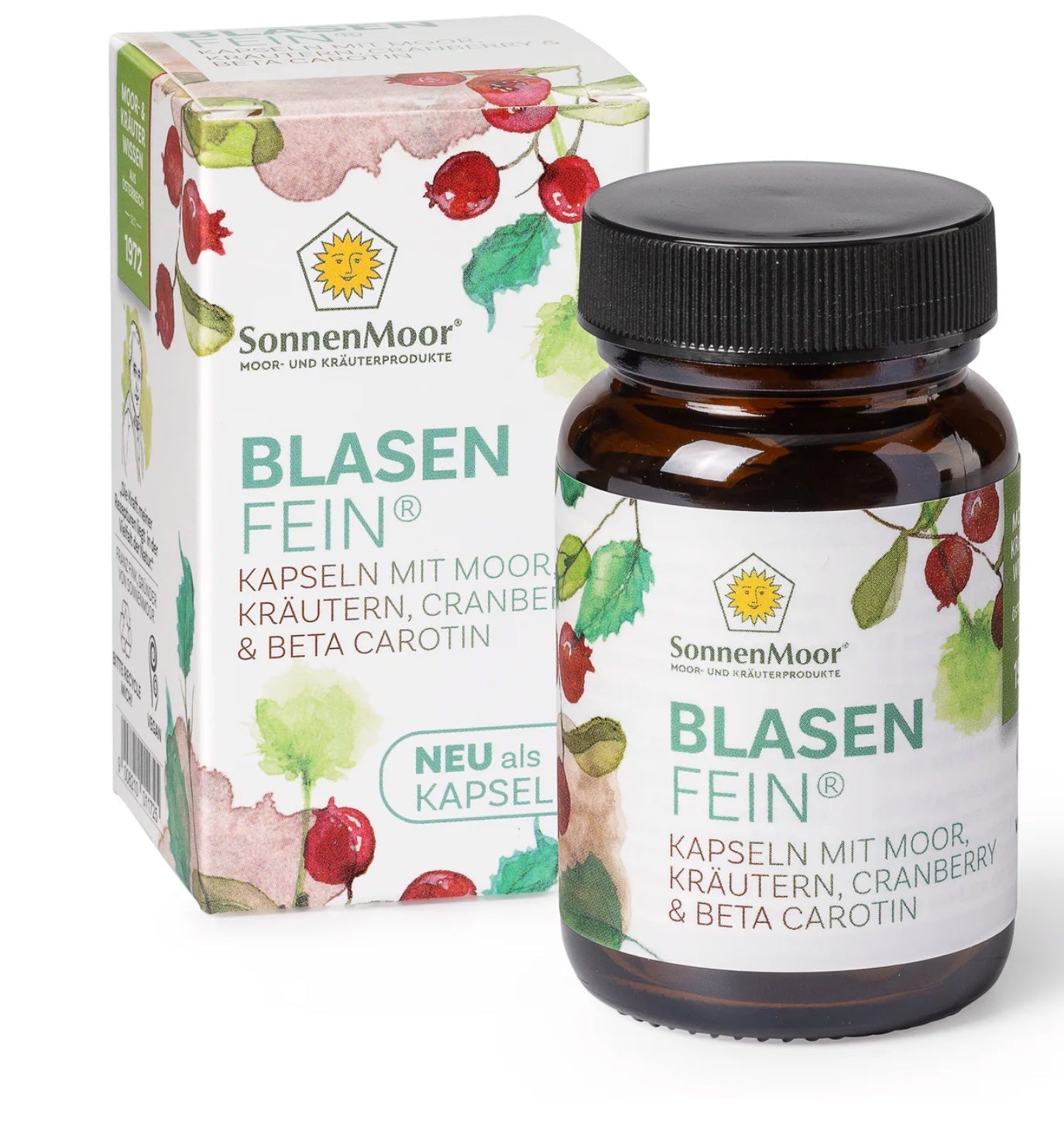 Packung SonnenMoor Blasenfein Moortabletten mit Cranberry – 30 Tabletten in einer Verpackung, die die natürliche Unterstützung für die Blasengesundheit durch Moor und Cranberry betont.