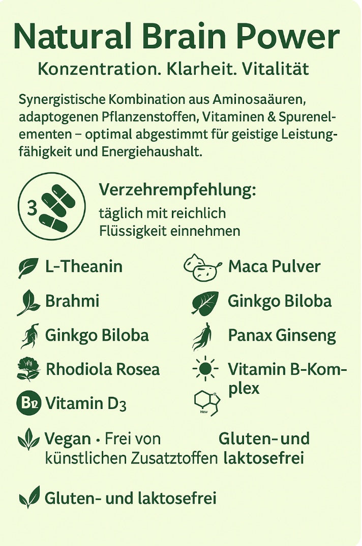 Die Rezeptur vereint traditionelle Pflanzenstoffe wie Maca, Ginseng, Brahmi und Ginkgo Biloba, die seit Jahrhunderten für ihre vitalisierenden Eigenschaften geschätzt werden, mit modernen Mikronährstoffen wie L-Theanin, Zink, Vitamin B-Komplex, Vitamin D3 und Selen.