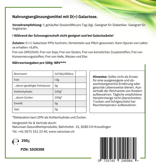 D(+) GALACTOSE 99% hochrein - 250gNahrungsergänzungsmittel
Galactose ist ein Einfachzucker, der auch als Galaktose bekannt ist. Er gehört zur Gruppe der Monosaccharide. Galactose spielt eine wichtig