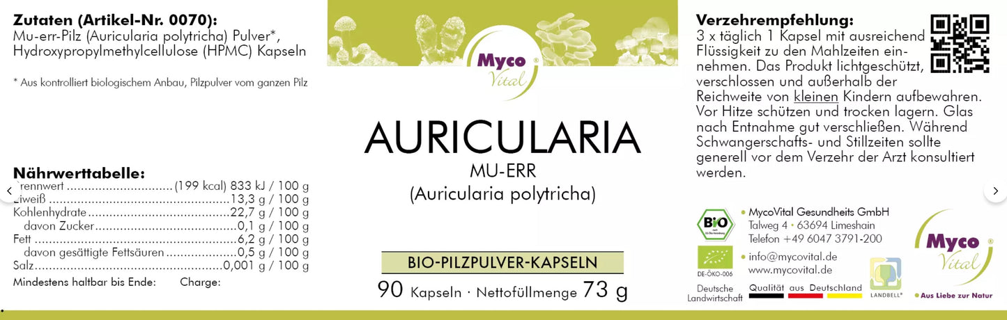 Natuvisan Myco Vital Vitalpilz Auricularia Etikett