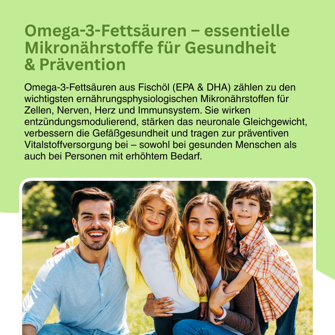 Grafische Darstellung der Omega-3-Wirkung auf Gehirn, Herz und Augen: DHA ist zentraler Baustein für die neuronale Entwicklung und Sehzellen, während EPA Herzrhythmus, Gefäßfunktion und Cholesterinprofile günstig beeinflusst. Omega-3-Fettsäuren unterstützen kognitive Leistung, Herzgesundheit und Sehfunktion – besonders bei erhöhter Zufuhr über hochdosiertes Fischöl.