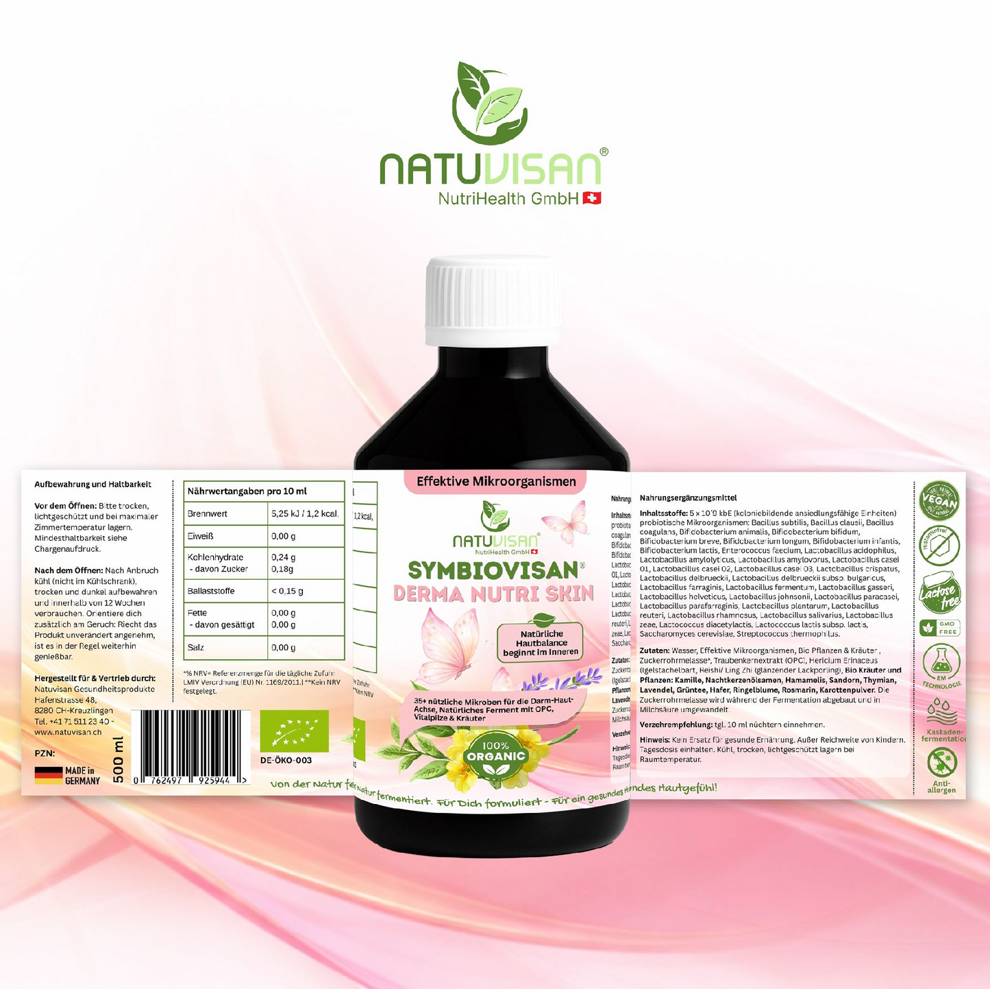 500 ml PET-Flasche SYMBIOVISAN DERMA Nutri Skin mit probiotischen Kulturen und fermentierten Bio-Pflanzen