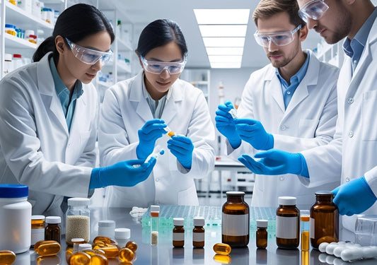 Lebensmitteltechniker prüfen sorgfältig die Inhaltsstoffe und Qualität von Nahrungsergänzungsmitteln. Dieses Bild symbolisiert Transparenz und das Streben nach maximaler Sicherheit für den Verbraucher.