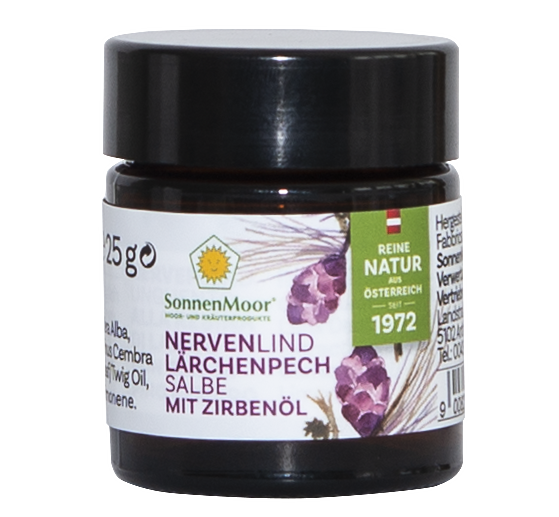 Dose SonnenMoor Lärchenpechsalbe – 50 ml in einer praktischen Dose, die die natürliche Pflege mit Lärchenpech zur Unterstützung der Hautregeneration und Linderung von Hautirritationen zeigt.