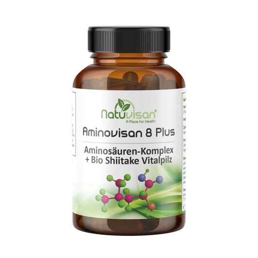 Aminovisan 8 Plus – veganes Nahrungsergänzungsmittel mit freien kristallinen Aminosäuren, L-Glutamin und Shiitake-Pilz zur Unterstützung von Verdauung, Darmgesundheit und Proteinsynthese.