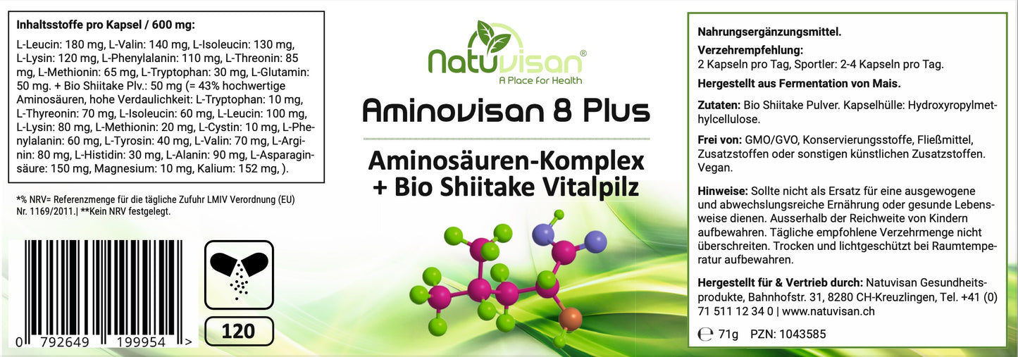 AMINOVISAN 8 Plus - Hydrolysat - Essentielle Aminosäuren - vegan- 120 Kapseln