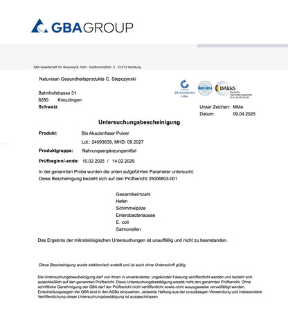 Bio Akazienfaser Laboranalyse. Das Ergebnis ist unauffällig und nicht zu beanstanden.