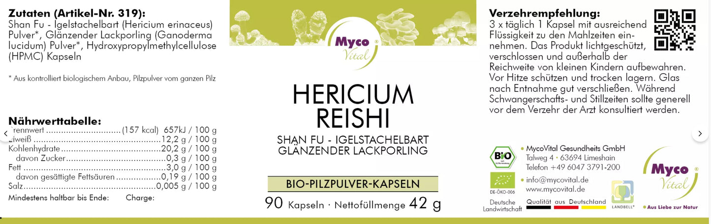 MycoVital BIO Vitalpilz HERICIUM-REISHI Bio- Pilzpulver 533 mg- 90 Kapseln