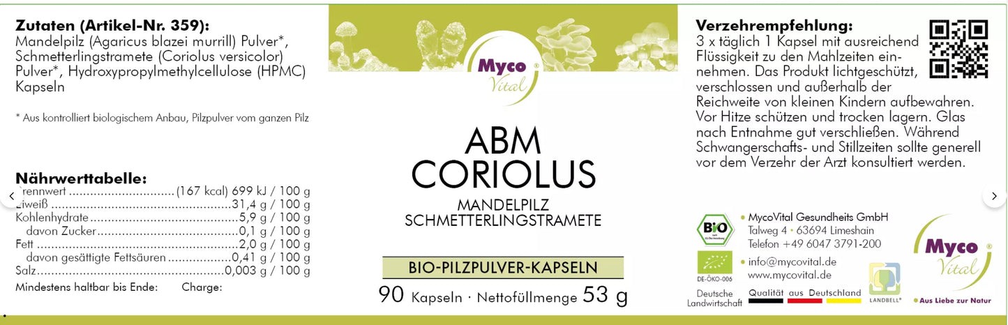 MycoVital BIO Vitalpilz ABM-CORIOLUS Bio- Pilzpulver 589 mg- 90 Kapseln