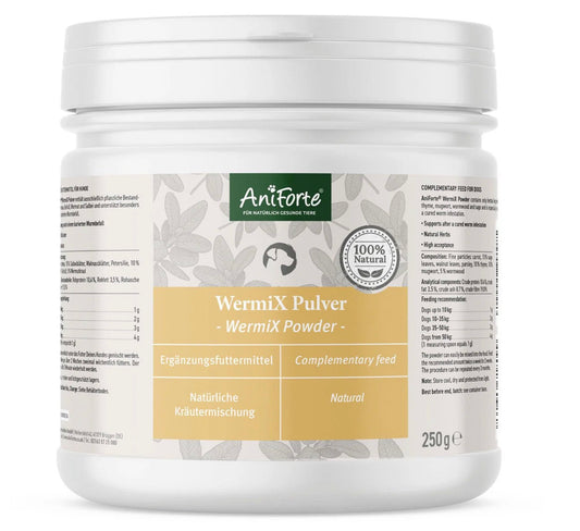 Wurmkur von AniForte WermiX Pulver unterstützt effektiv die Prävention oder Unterstützung nach kuriertem Wurmbefall mit rein natürlichen Kräutern