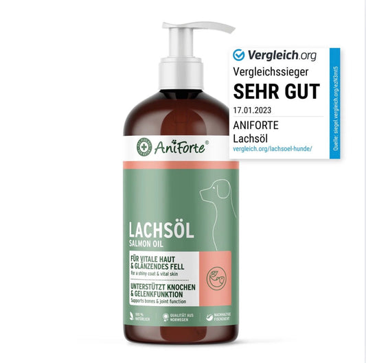 Entdecken Sie AniForte Lachsöl Omega 3 für Hund, Katze und Pferd. Fördert ein glänzendes Fell, gesunde Knochen und Stoffwechsel. Naturprodukt ohne Zusätze.