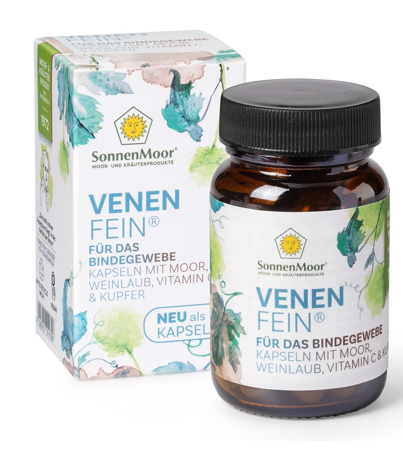 Packung SonnenMoor VenenFein mit Weinlaubpulver & Acerola – 30 Kapseln in einer transparenten Verpackung, die die natürlichen Inhaltsstoffe für eine bessere Venenfunktion und Durchblutung betont.