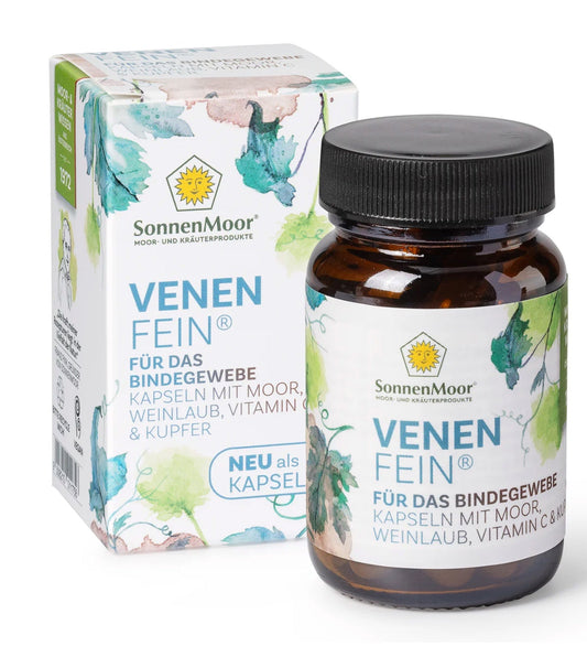 Packung SonnenMoor VenenFein mit Weinlaubpulver & Acerola – 30 Kapseln in einer transparenten Verpackung, die die natürlichen Inhaltsstoffe für eine bessere Venenfunktion und Durchblutung betont.