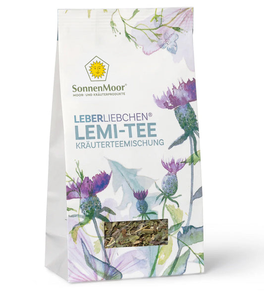 Packung SonnenMoor Lemi Tee – 20 Teebeutel in einer natürlichen Verpackung, die eine erfrischende Kräutermischung mit Zitrusnoten zur Unterstützung des allgemeinen Wohlbefindens zeigt