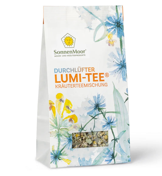 Packung SonnenMoor Lumi Tee – 20 Teebeutel in einer natürlichen Verpackung, die eine Kräutermischung zur Unterstützung der Leber- und Entgiftungsfunktionen zeigt.