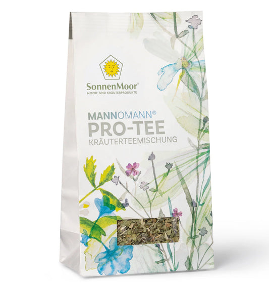 Packung SonnenMoor Pro-Tee – 20 Teebeutel in einer natürlichen Verpackung, die eine Kräutermischung zur Unterstützung der Prostata-Gesundheit zeigt