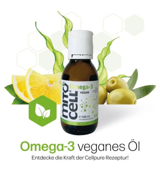 Mitocell Omega 3 Algen Öl-3 vegan - 100mlUnser Mitocell Omega 3 Vegan Öl basiert auf einer einzigartigen Kombination aus hochdosiertem Algenöl, aus der Mikroalge Schizochytrium sp., mit einem extrem hohen G