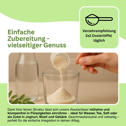 Feines Bio-Akazienfasernpulver in wiederverschließbarer Verpackung – ideal zur täglichen Ballaststoffergänzung