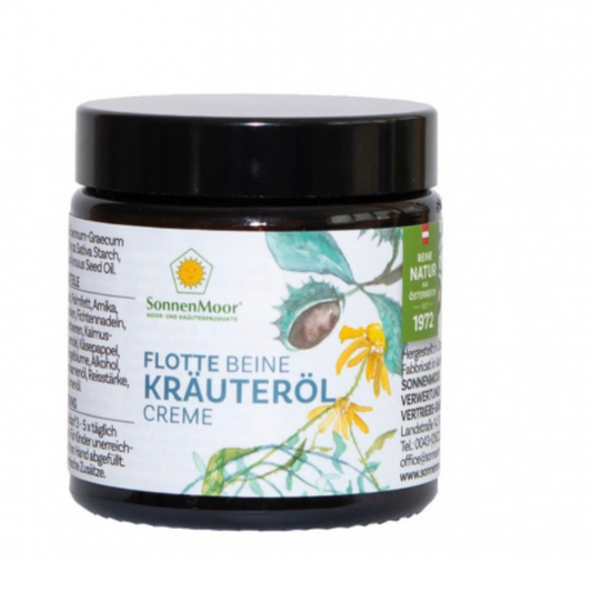 SonnenMoor Kräuteröl Creme Flotte Beine Kräutersalbe - 90gDie rein natürliche Kräutersalbe (Flotte Beine) ist ideal für die Pflege beanspruchter Haut und Beine. Mit Kräutern und Pflanzen in Arzneibuchqualität wie Arnika, Ro