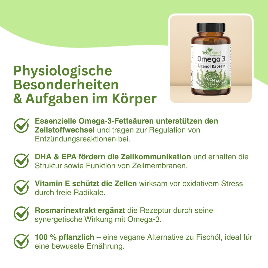 Hochdosierte Omega-3-Algenöl-Kapseln – vegane Quelle für DHA und EPA, gewonnen aus Mikroalgen, ideal zur täglichen Versorgung mit Omega-3-Fettsäuren