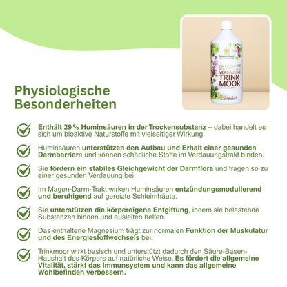 SonnenMoor Trinkmoor – wertvolle Huminsäuren binden Toxine, stärken die Darmflora und tragen zu einer gesunden Verdauung bei.