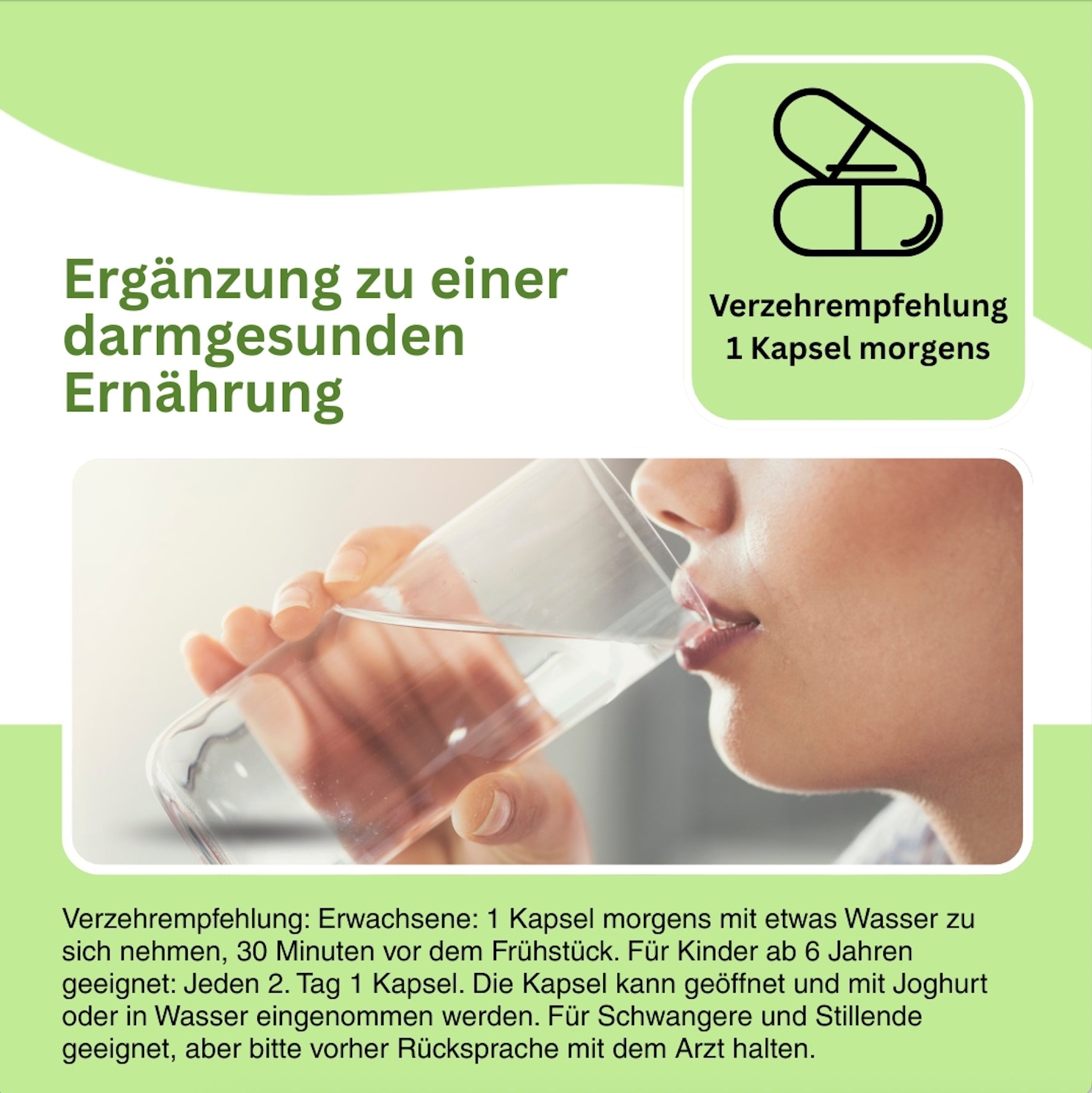 Innovativer Vitalstoffkomplex für den Darm – mit enzymaktiven Bacillus-Stämmen, präbiotischen Ballaststoffen und synergistisch wirkenden Mikronährstoffen wie Zink, B6 und Vitamin C.“