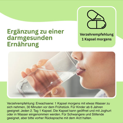 Innovativer Vitalstoffkomplex für den Darm – mit enzymaktiven Bacillus-Stämmen, präbiotischen Ballaststoffen und synergistisch wirkenden Mikronährstoffen wie Zink, B6 und Vitamin C.“