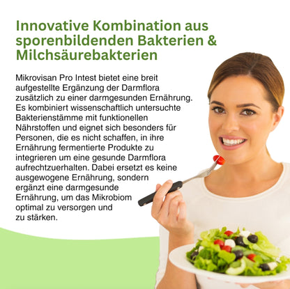 Gezielte Unterstützung bei Ernährungsumstellung – Mikrovisan Pro Intest fördert die Darmgesundheit durch fermentationsaktive Bakterienstämme und bioaktive Pflanzenstoffe.