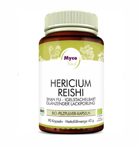 Bio Vitalpilzmischung aus Hericium und Reishi – hochwertige Nahrungsergänzung in Pulverform, ideal zur Unterstützung von Darm, Nerven und Immunsystem auf natürliche Weise.