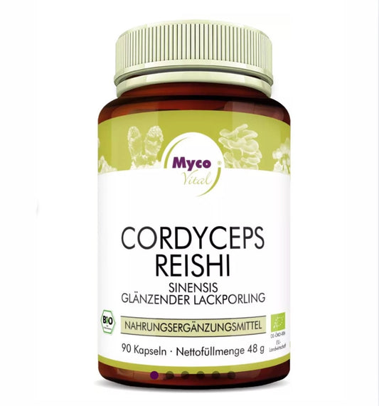 Bio Vitalpilz-Kapseln mit Reishi und Cordyceps – natürliche Nahrungsergänzung, reich an Polysacchariden, Ballaststoffen und bioaktiven Pflanzenstoffen, zur Unterstützung einer ausgewogenen Ernährung.