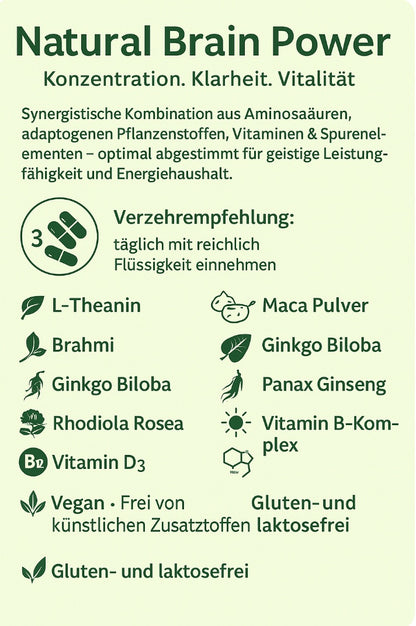 Die Rezeptur vereint traditionelle Pflanzenstoffe wie Maca, Ginseng, Brahmi und Ginkgo Biloba, die seit Jahrhunderten für ihre vitalisierenden Eigenschaften geschätzt werden, mit modernen Mikronährstoffen wie L-Theanin, Zink, Vitamin B-Komplex, Vitamin D3 und Selen.