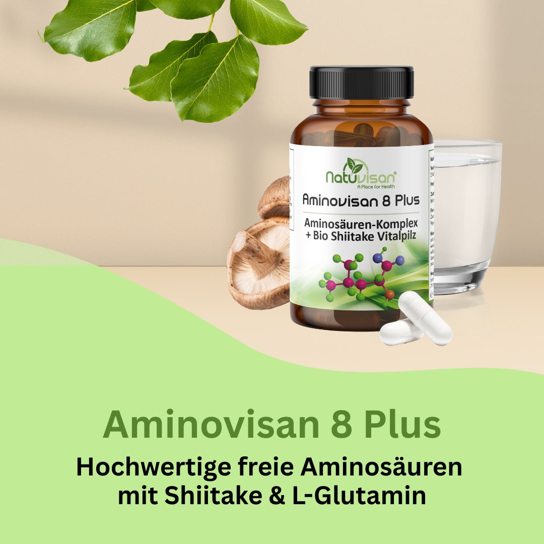 Darstellung der 8 essenziellen Aminosäuren in Aminovisan 8 Plus, darunter Leucin, Lysin, Methionin und Tryptophan – wichtig für Muskelaufbau, Enzymproduktion und den Nerventransmitter-Stoffwechsel.