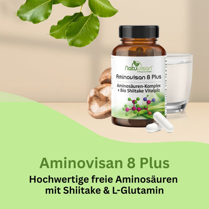 Darstellung der 8 essenziellen Aminosäuren in Aminovisan 8 Plus, darunter Leucin, Lysin, Methionin und Tryptophan – wichtig für Muskelaufbau, Enzymproduktion und den Nerventransmitter-Stoffwechsel.