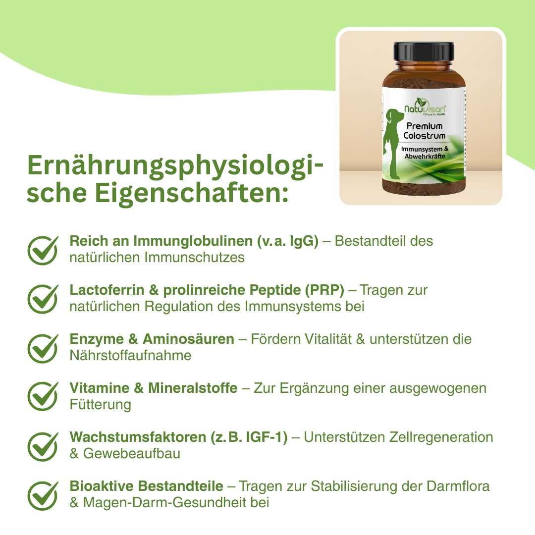 Natürliches Colostrum Pulver für Hunde und Katzen – trägt zur Stärkung der körpereigenen Abwehr bei, unterstützt Regeneration, Vitalität und eine stabile Verdauung.