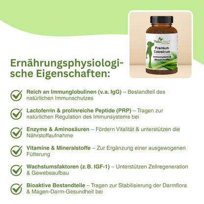 Natürliches Colostrum Pulver für Hunde und Katzen – trägt zur Stärkung der körpereigenen Abwehr bei, unterstützt Regeneration, Vitalität und eine stabile Verdauung.