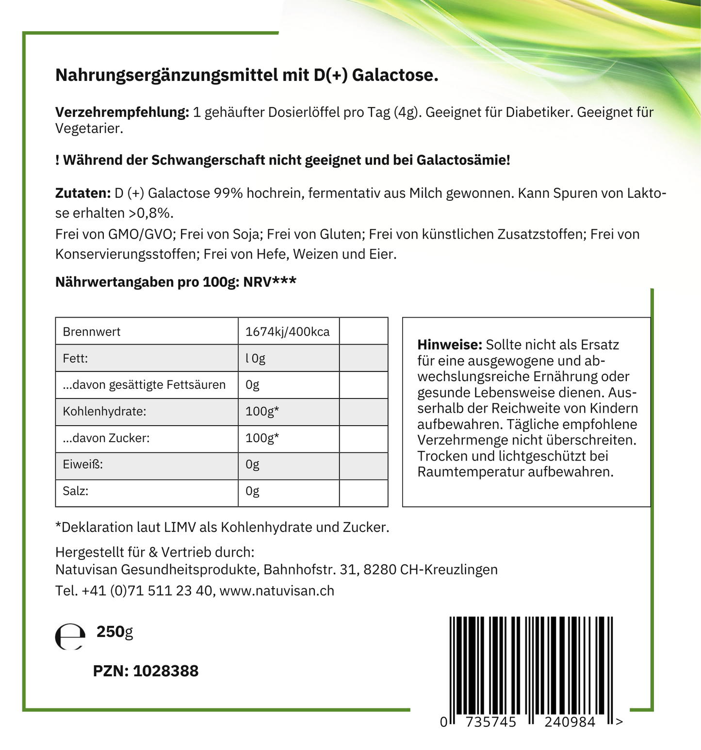 D(+) GALACTOSE 99% hochrein - 250gNahrungsergänzungsmittel 
Galactose ist ein Einfachzucker, der auch als Galaktose bekannt ist. Er gehört zur Gruppe der Monosaccharide. Galactose spielt eine wichtig