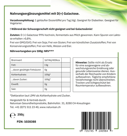 D(+) GALACTOSE 99% hochrein - 250gNahrungsergänzungsmittel 
Galactose ist ein Einfachzucker, der auch als Galaktose bekannt ist. Er gehört zur Gruppe der Monosaccharide. Galactose spielt eine wichtig