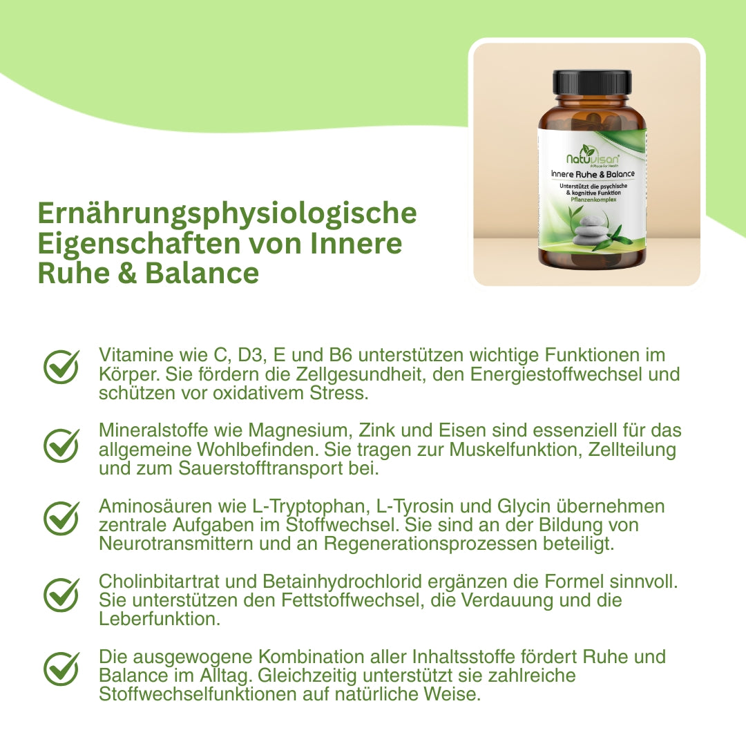 Darstellung der Aminosäuren L-Tryptophan, L-Tyrosin, L-Theanin und L-Phenylalanin – beteiligt an der Bildung von Neurotransmittern wie Serotonin und Dopamin, die zur Regulierung von Stimmung, Schlaf und Konzentration beitragen.