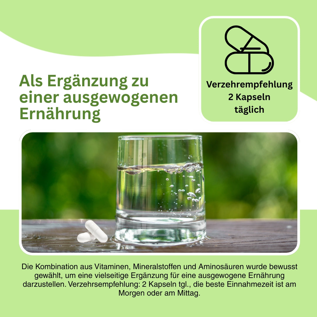 Visualisierung der synergistischen Wirkung von Vitaminen, Mineralstoffen und Aminosäuren auf Wohlbefinden, Konzentration und Entspannung – entwickelt für eine ausgewogene Ernährung im Alltag.
