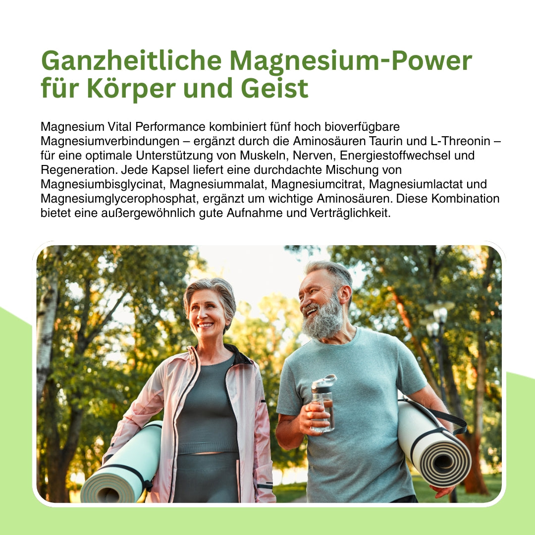 Symbolbild für ganzheitliche Unterstützung bei Sport und Stress – Natuvisan Magnesium Vital Performance kombiniert Citrat, Malat, Bisglycinat und Glycerophosphat für Energie, Muskelkraft, mentale Leistungsfähigkeit und Erholung.