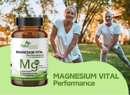 Natuvisan Magnesium Performance 5+2 – innovative Kombination aus sieben hochwertigen Magnesiumverbindungen für optimale Muskelentspannung und Leistungsfähigkeit.“