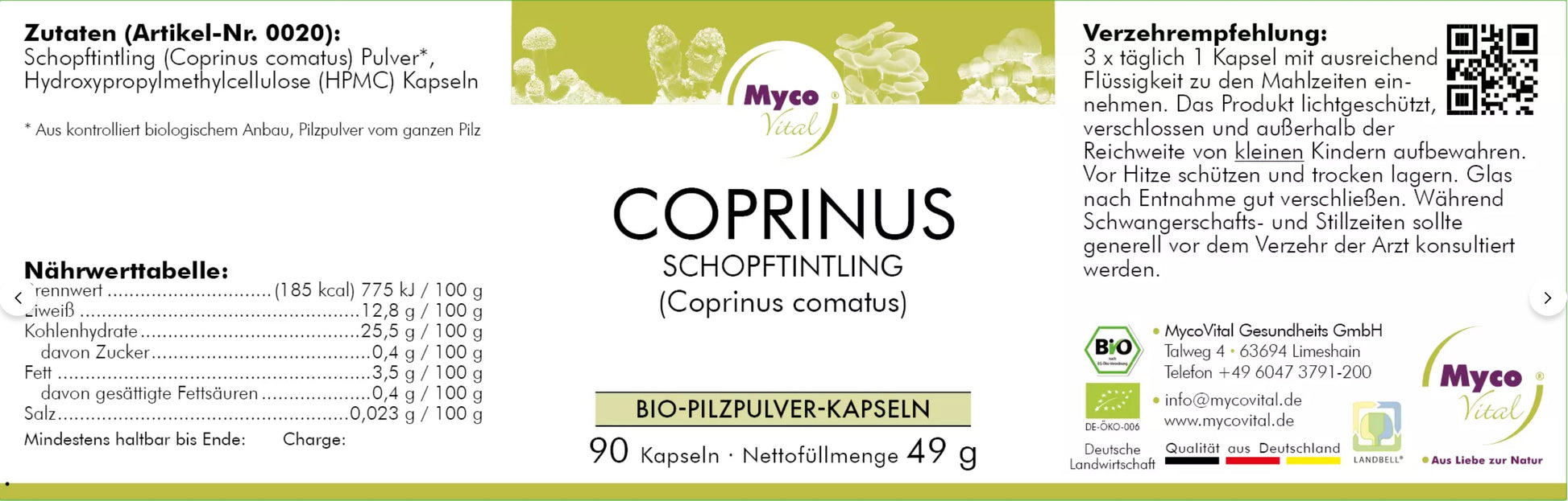 Natuvisan Myco Vital Coprinus Etikett