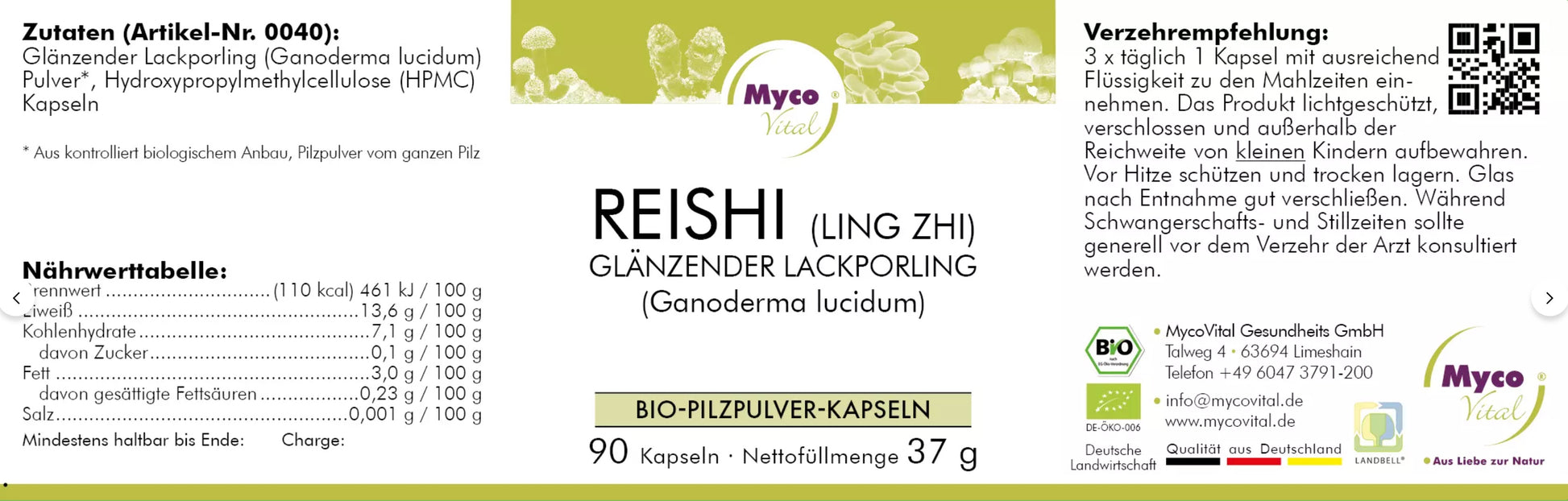 Natuvisan Myco Vital Vitalpilze Reishi Etikett