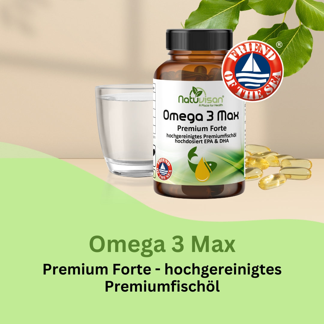 Darstellung von hochdosierten Omega-3-Fischölkapseln (2000 mg) mit Fokus auf die essenziellen Fettsäuren EPA (Eicosapentaensäure) und DHA (Docosahexaensäure), die lebenswichtige Funktionen im menschlichen Körper erfüllen, darunter die Regulation von Zellprozessen, Hormonbildung und Entzündungsreaktionen. Als mehrfach ungesättigte Fettsäuren können sie nicht vom Körper selbst gebildet werden und müssen über Nahrung oder Nahrungsergänzung aufgenommen werden.